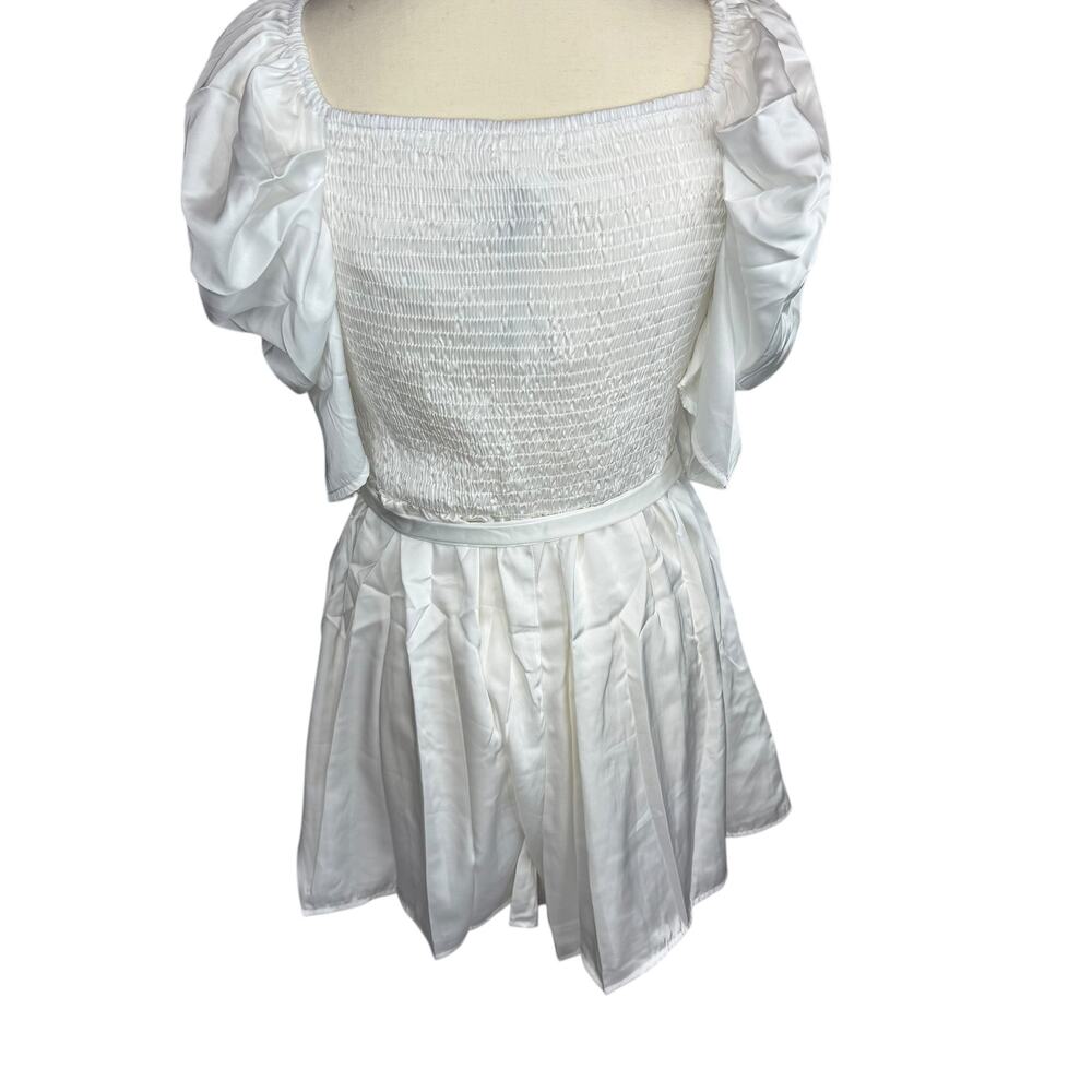 Mustard Seed White Satin Mini Dress Small Puff Sleeve Ruched Tie Cottagecore NWT - Picture 7 of 8